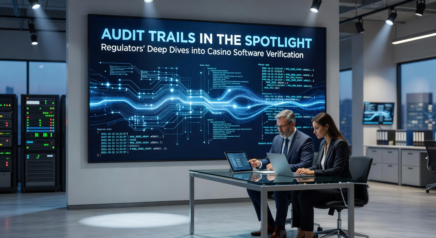 Detaillierte Darstellung eines digitalen Audit-Trails mit Code-Logs und regulatorischen Prüfungen in einer Casino-Software-Umgebung