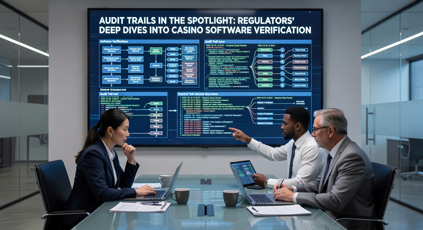 Regulatoren bei der Analyse von Casino-Software-Logs auf Monitoren, mit Grafiken zu Audit-Trails und Verifikationsdaten