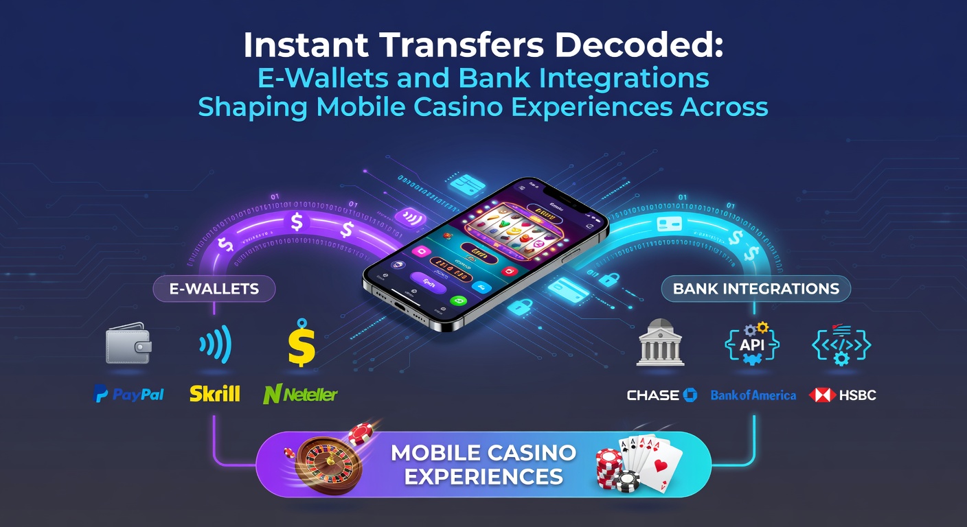 Grafik mit E-Wallet- und Bank-Icons, die Instant-Transfer-Pfeile zwischen Smartphone und Casino-Servern verbinden
